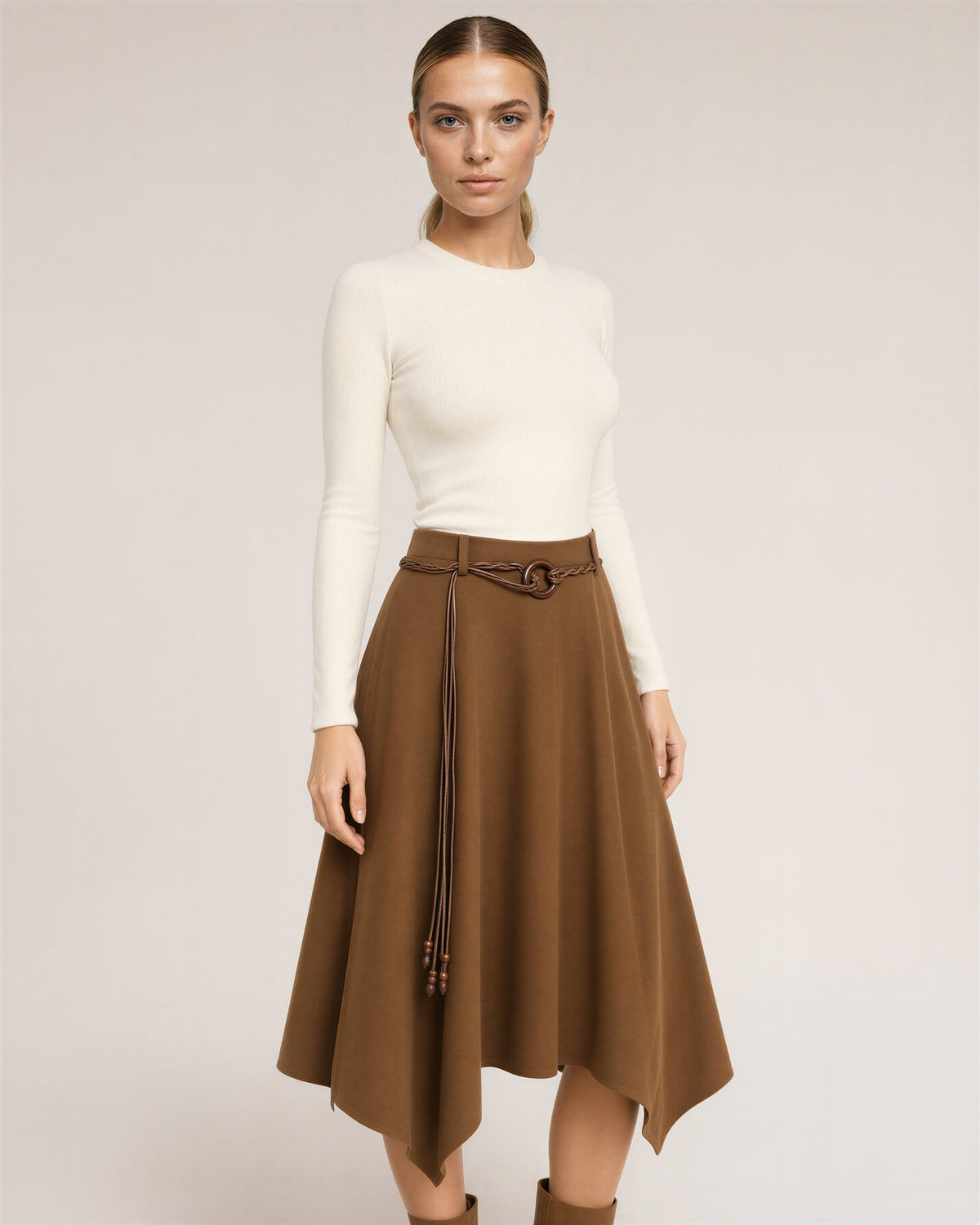 Marzia Cord Belt Faux Suede Handkerchief Skirt, camel, three quarter view