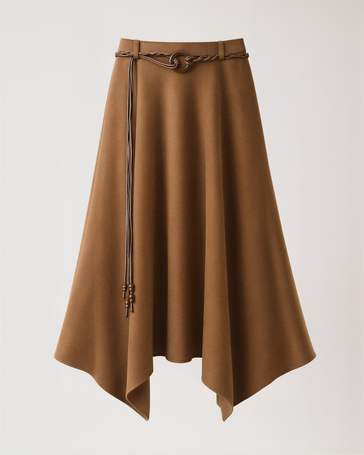 Marzia Cord Belt Faux Suede Handkerchief Skirt, camel, product view without a model