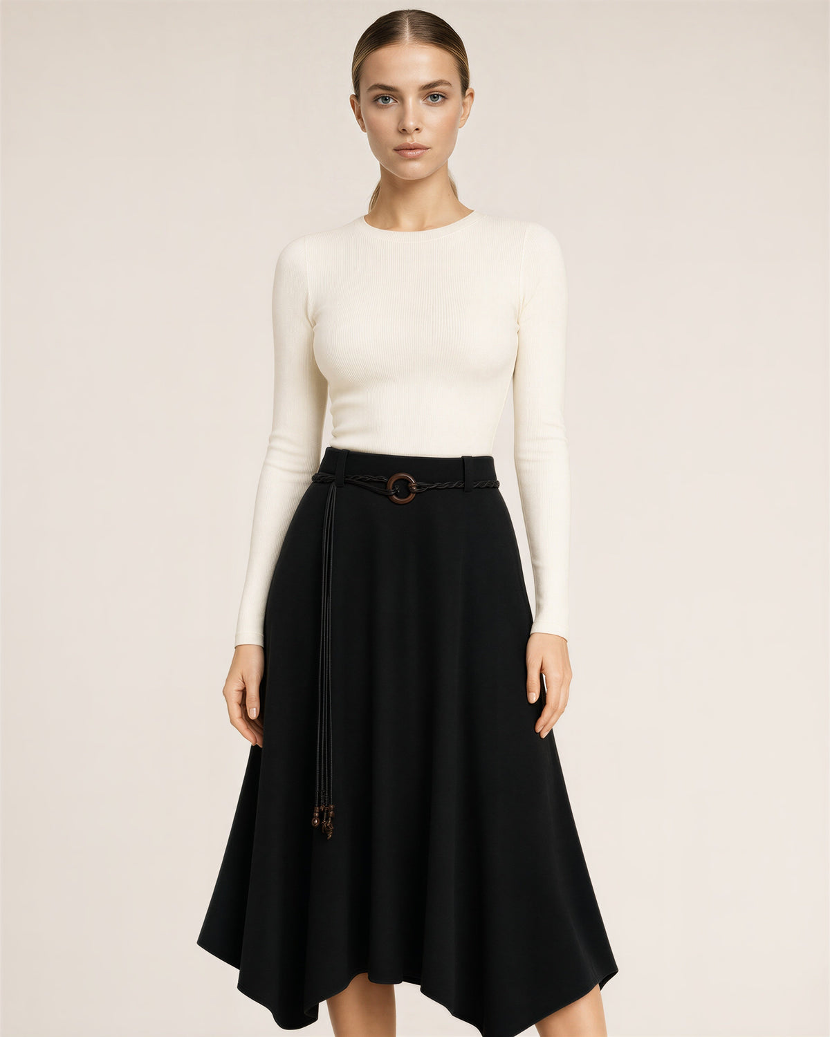 Marzia Cord Belt Faux Suede Handkerchief Skirt, black color option