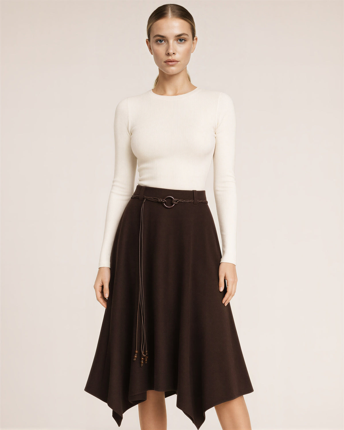 Marzia Cord Belt Faux Suede Handkerchief Skirt, dark brown color option