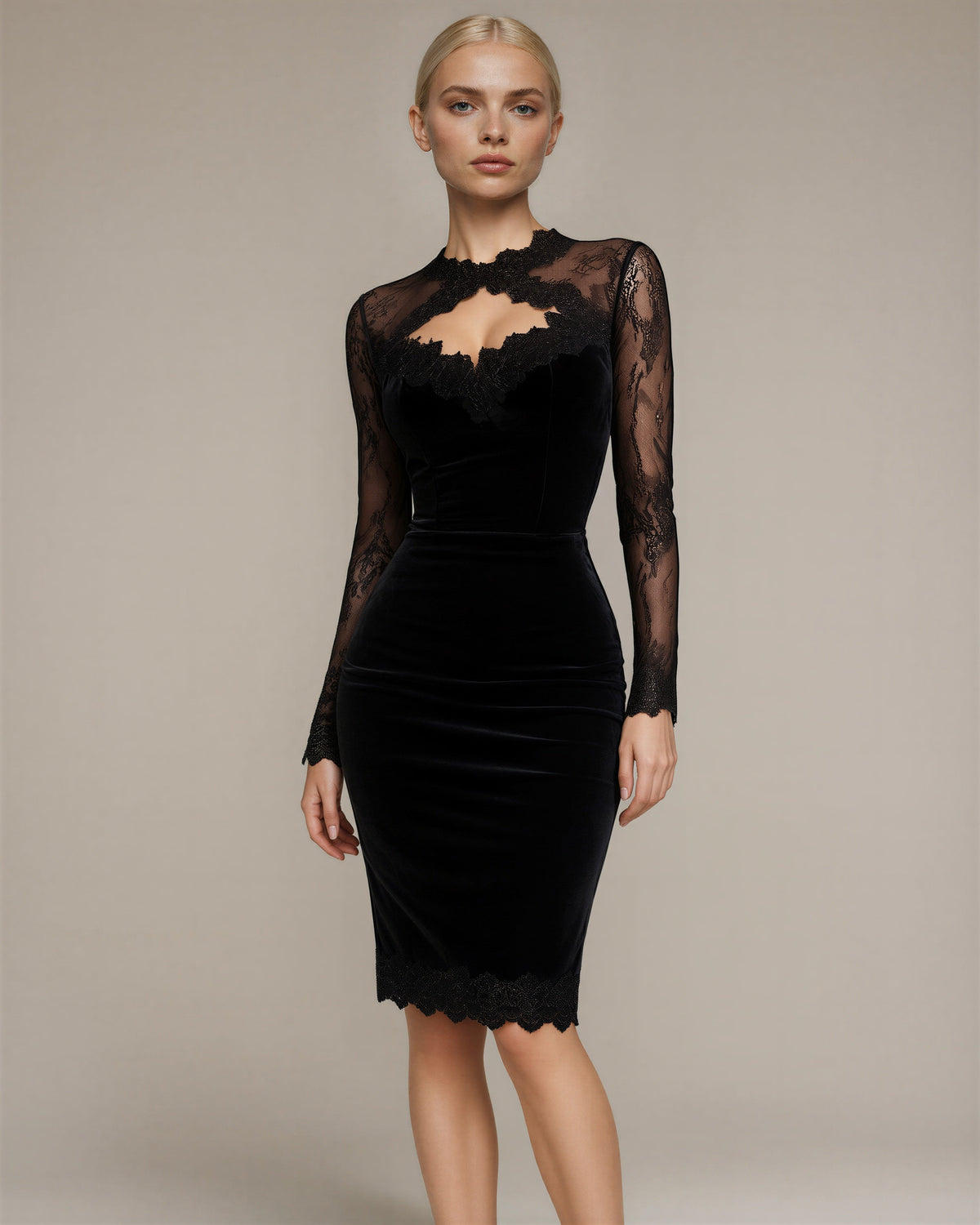 Matilde Lace Sleeve Velvet Pencil Dress, black, front view