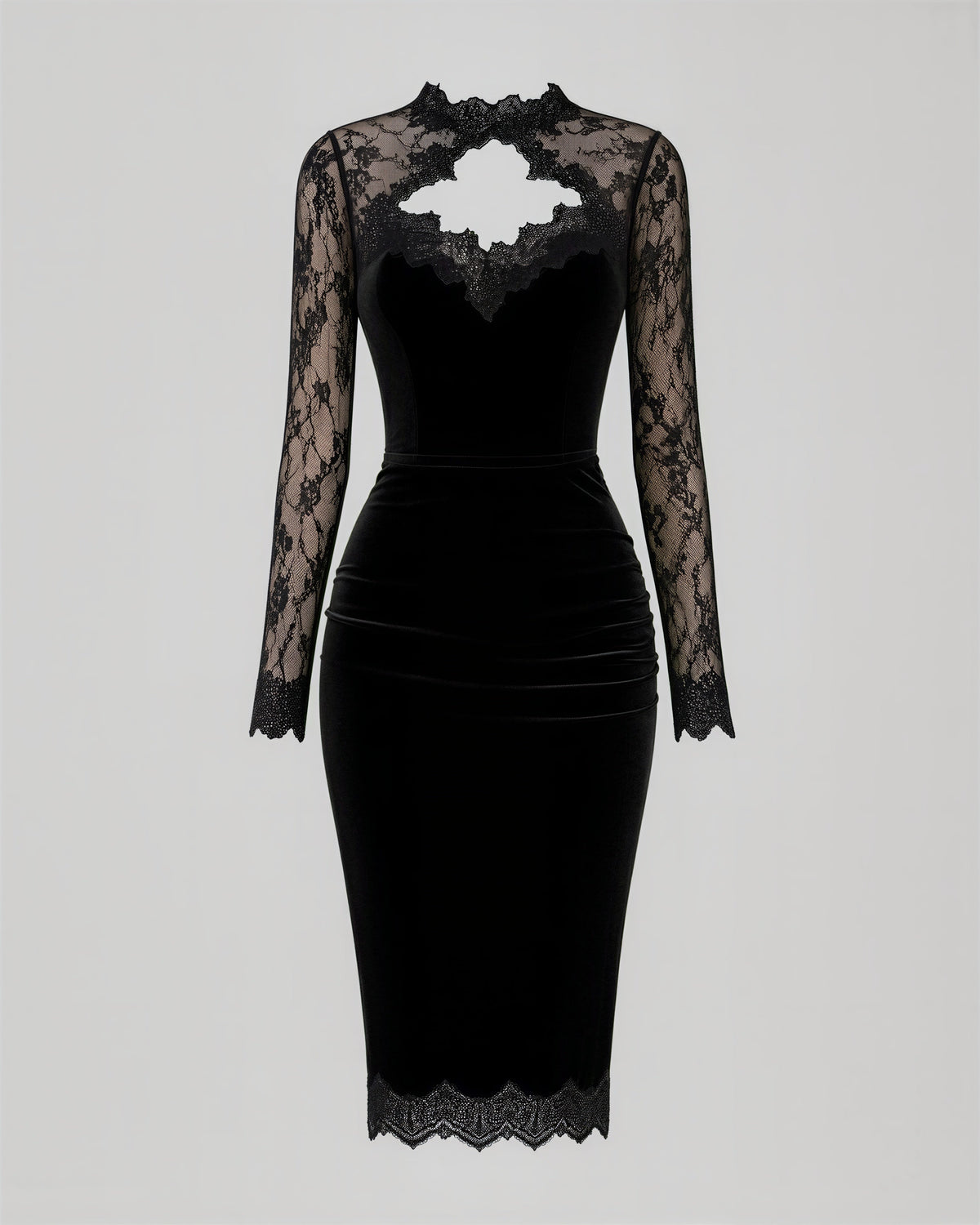 Matilde Lace Sleeve Velvet Pencil Dress, black, product view without a model