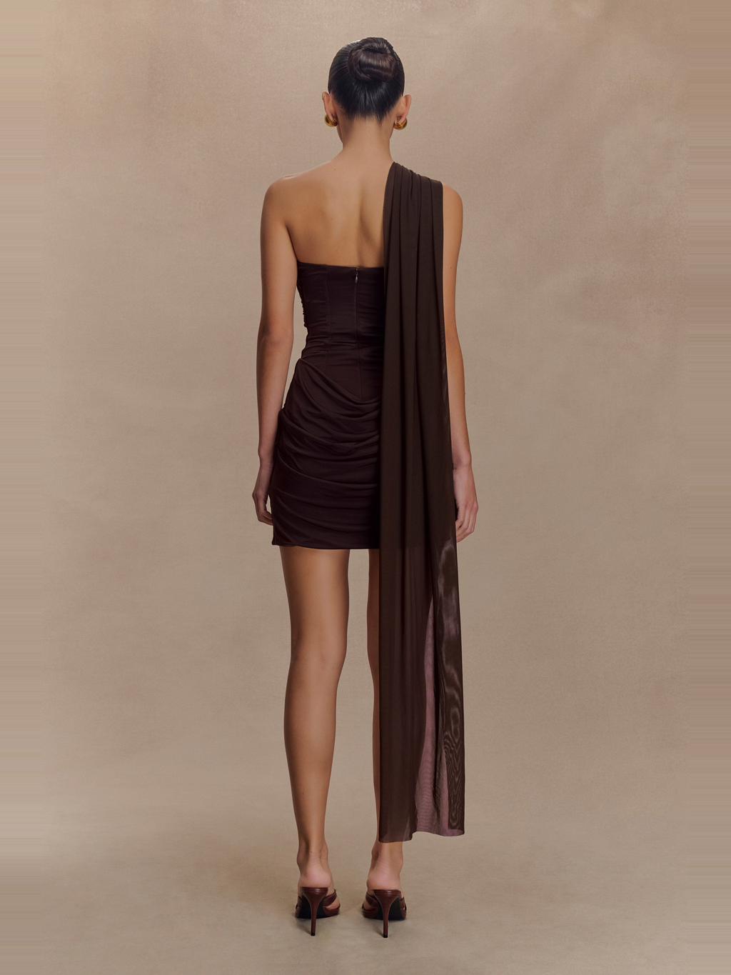 Mattea Mesh Scarf Detail Mini Dress in Chocolate — Svelte Chic