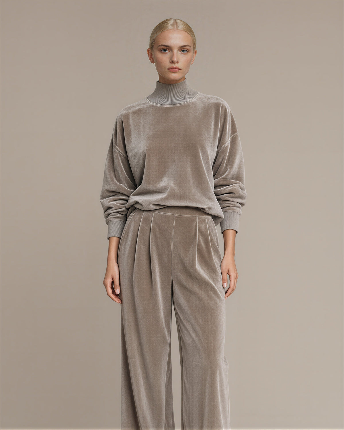 Maura Velvet Sweatshirt and Wide Leg Trouser Set, stone grey, front view