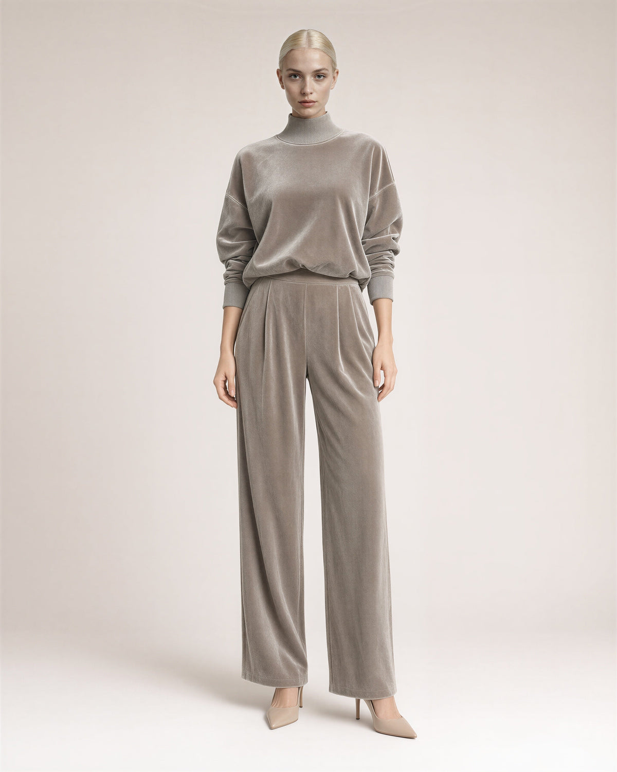 Maura Velvet Sweatshirt and Wide Leg Trouser Set, stone grey, full length front view