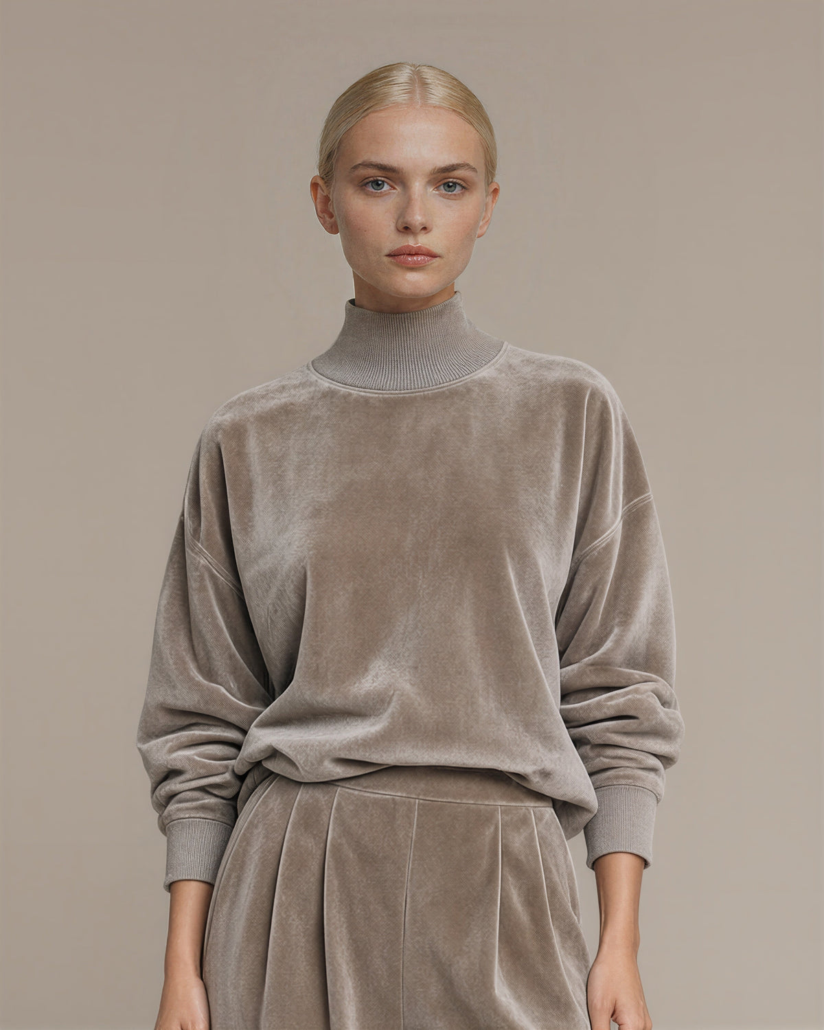 Maura Velvet Sweatshirt and Wide Leg Trouser Set, stone grey, close up above the waist