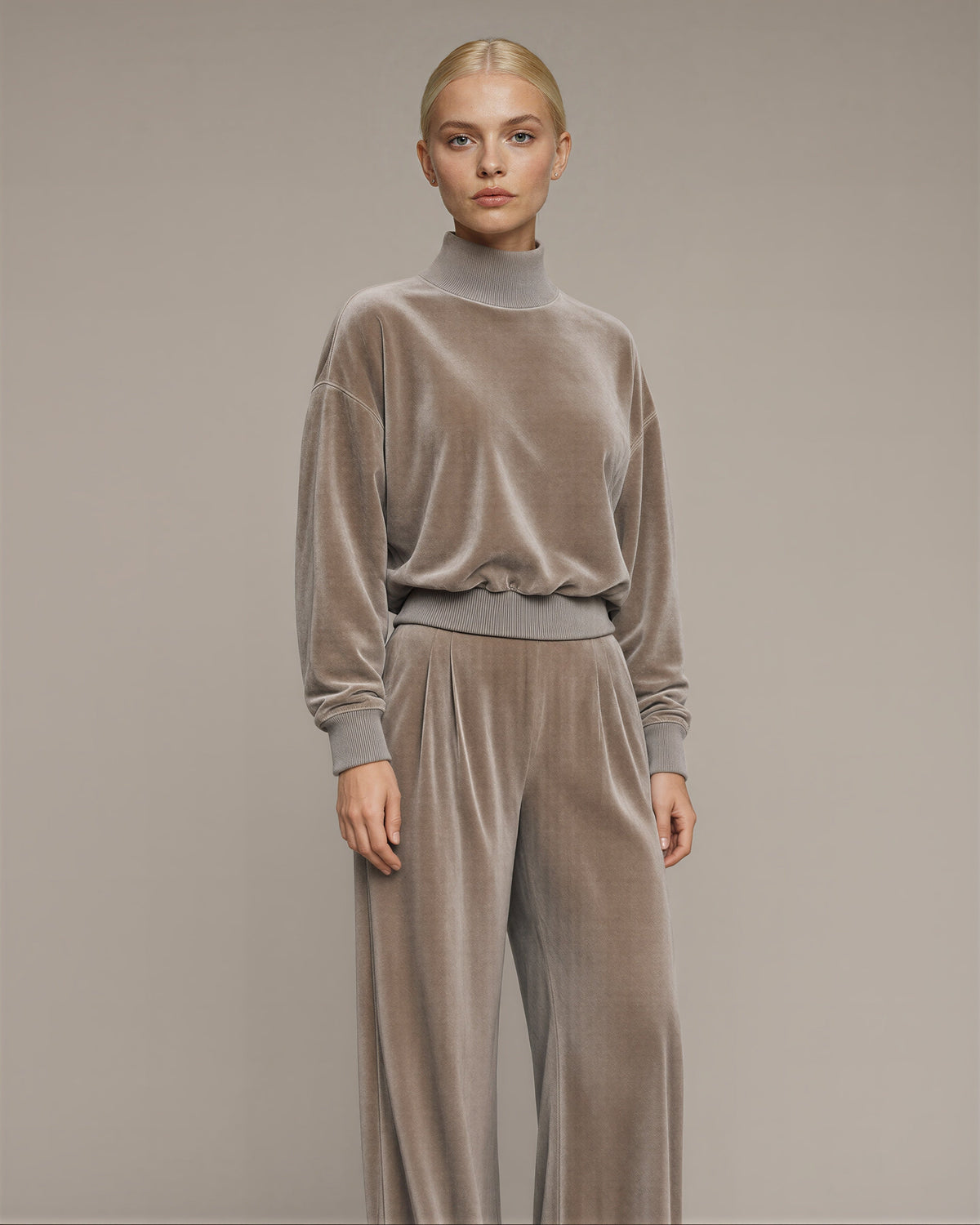 Maura Velvet Sweatshirt and Wide Leg Trouser Set, stone grey, three quarter view