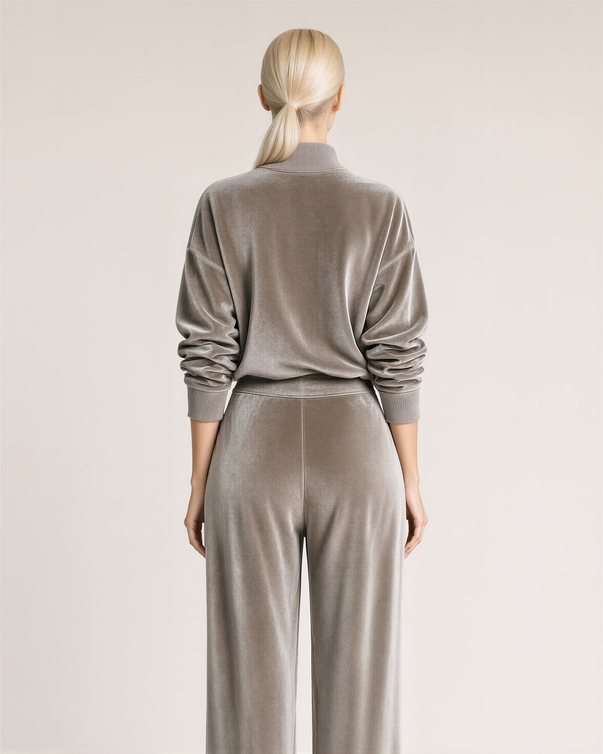 Maura Velvet Sweatshirt and Wide Leg Trouser Set, stone grey, back view