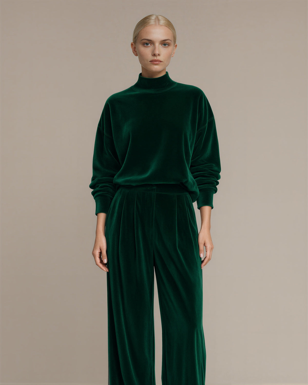 Maura Velvet Sweatshirt and Wide Leg Trouser Set, emerald green color option