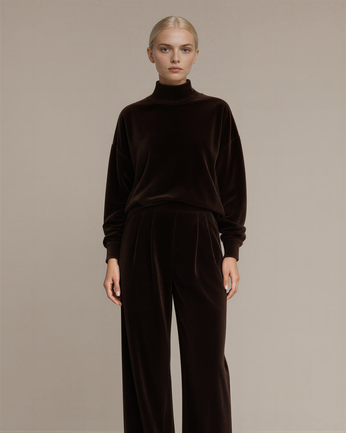 Maura Velvet Sweatshirt and Wide Leg Trouser Set, dark brown color option