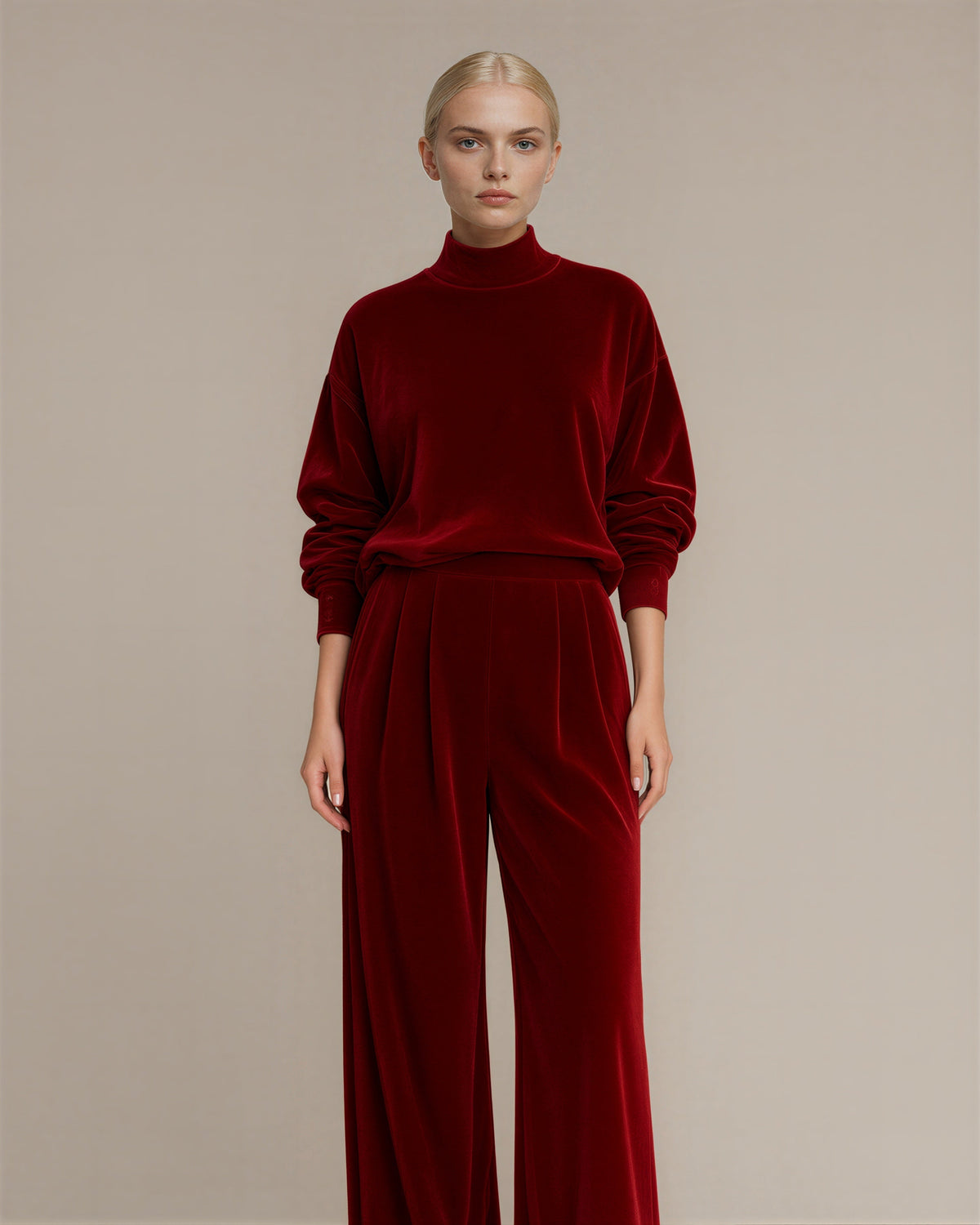 Maura Velvet Sweatshirt and Wide Leg Trouser Set, red color option