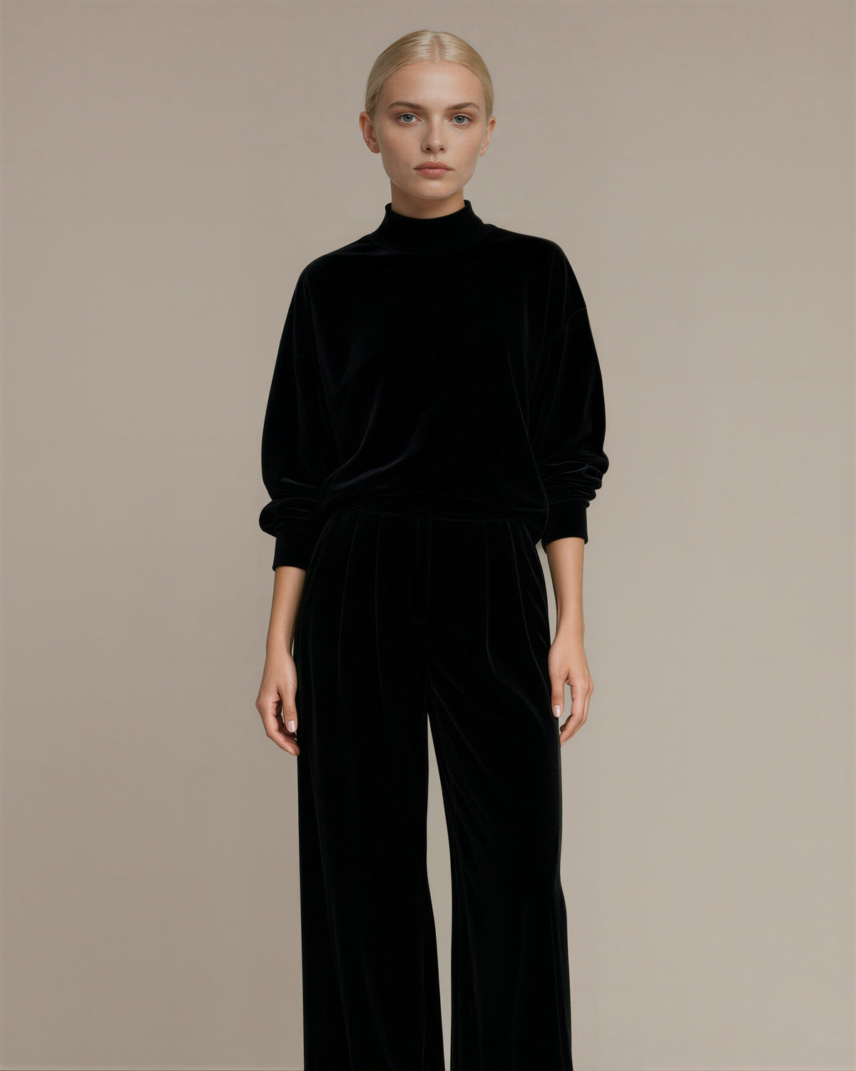 Maura Velvet Sweatshirt and Wide Leg Trouser Set, black color option