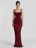 Lace Up Back Satin Maxi Dress in Red — Svelte Chic