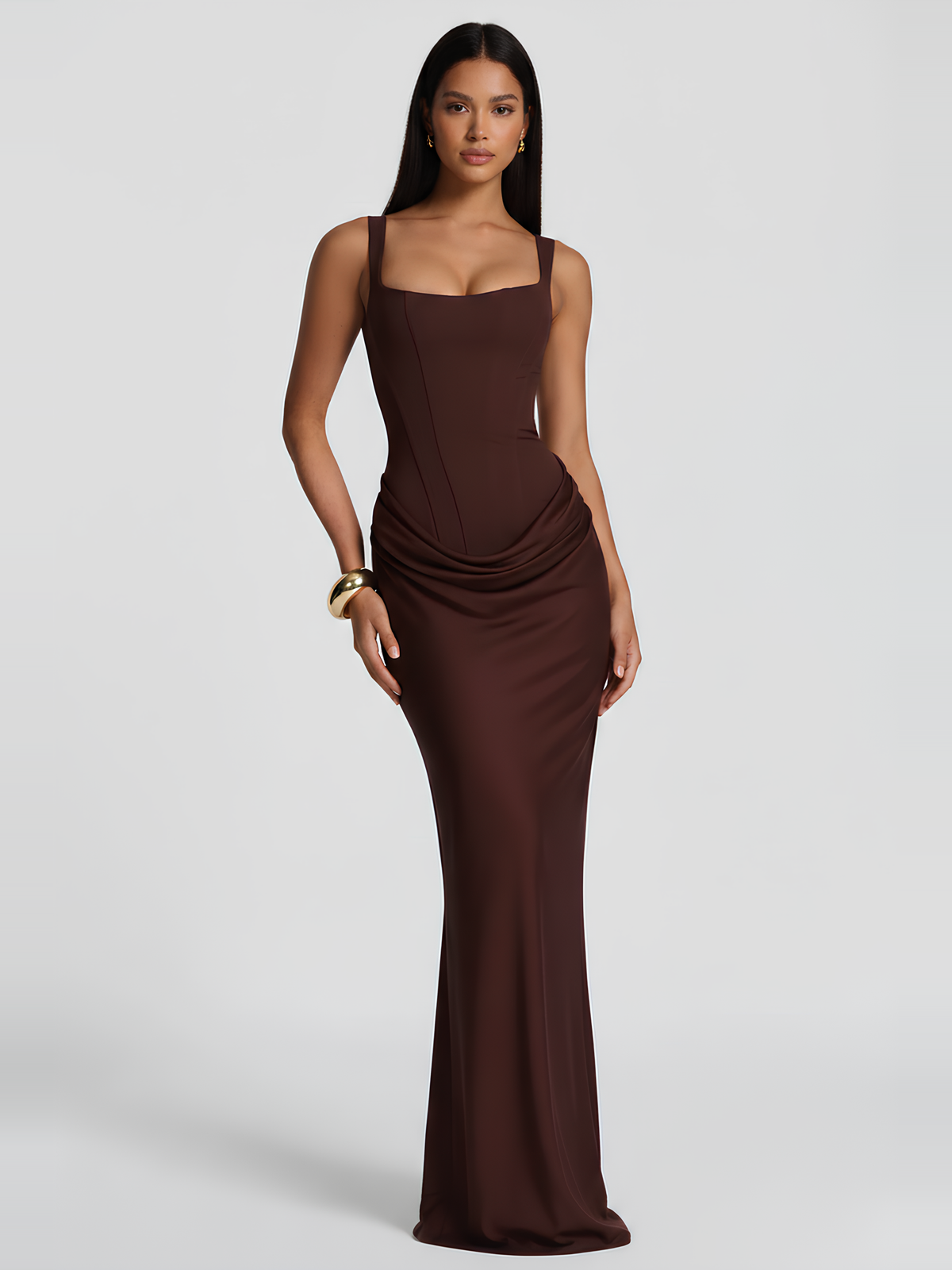 Lace Up Back Satin Maxi Dress in Brown — Svelte Chic