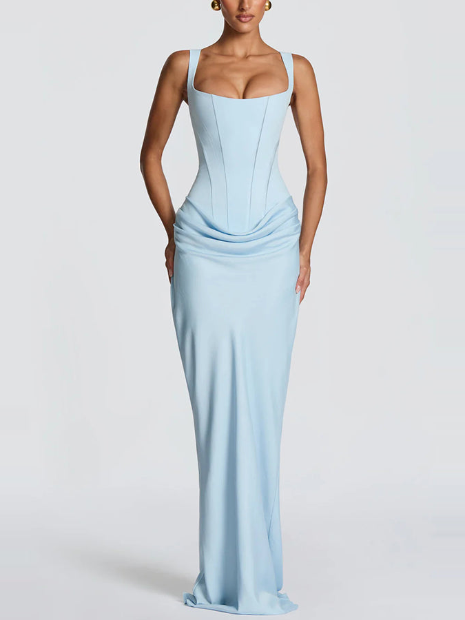 Lace Up Back Satin Maxi Dress in Blue — Svelte Chic