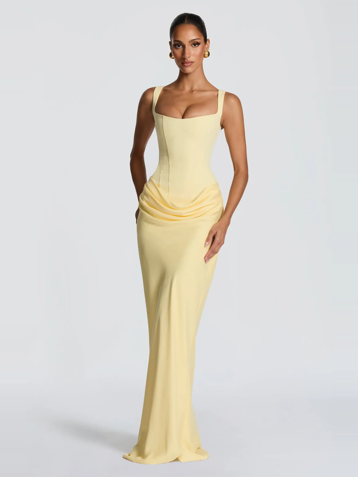 Lace Up Back Satin Maxi Dress in Yellow — Svelte Chic