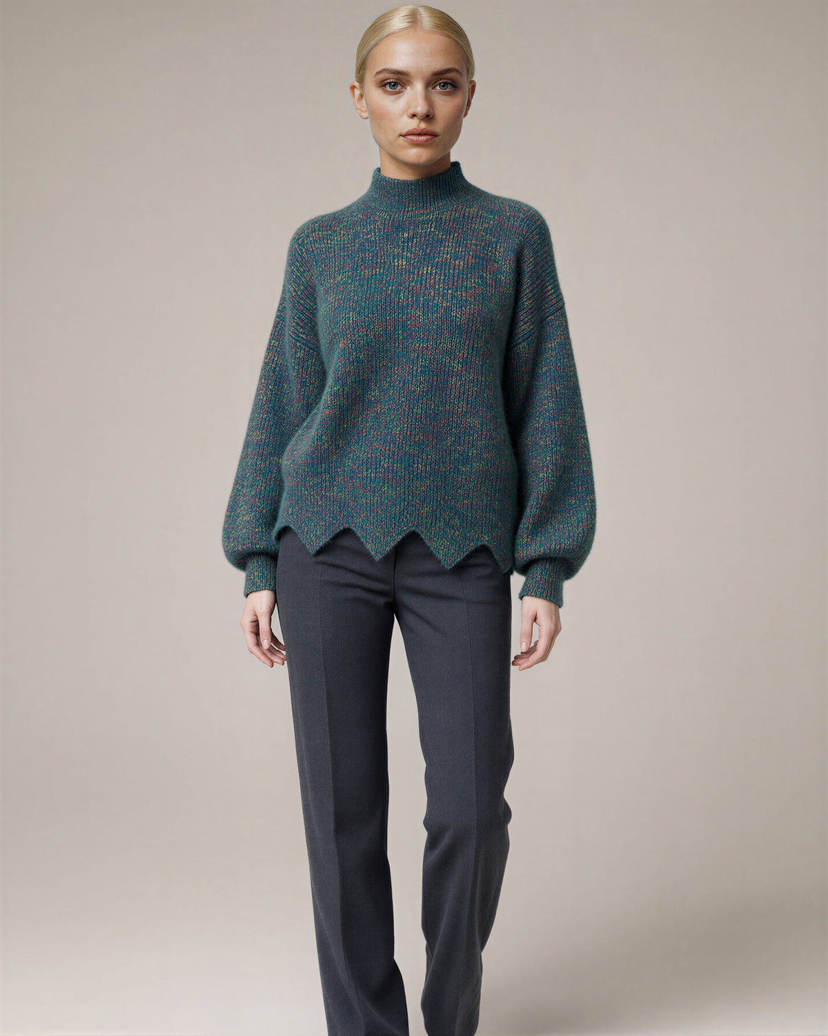 Melissa Speckled Half Turtleneck Melange Sweater, teal, front view