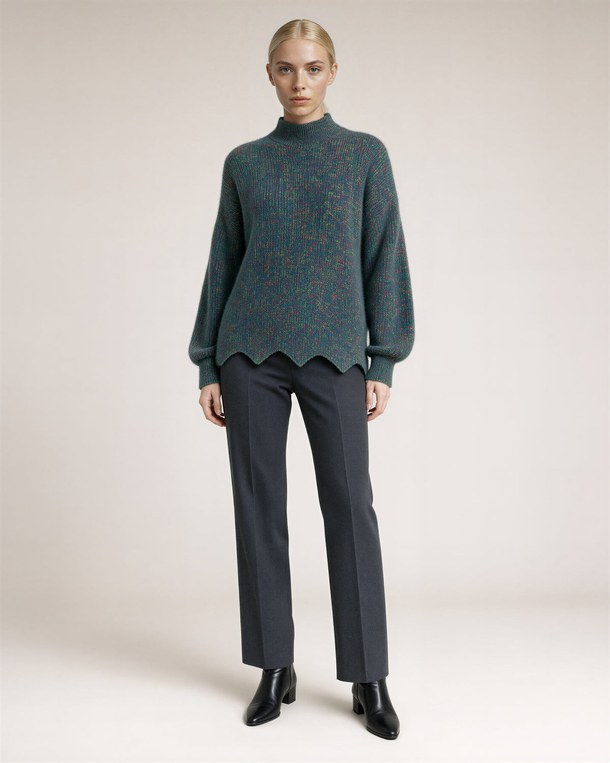 Melissa Speckled Half Turtleneck Melange Sweater, teal, full length front view
