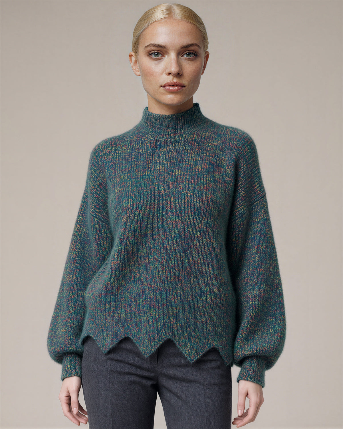 Melissa Speckled Half Turtleneck Melange Sweater, teal, close up above the waist
