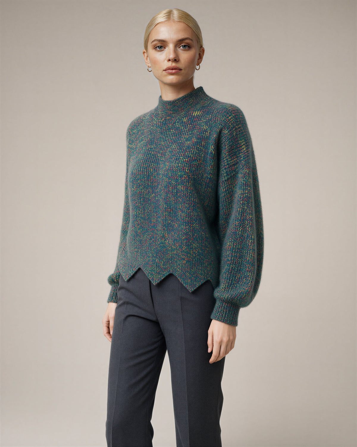 Melissa Speckled Half Turtleneck Melange Sweater, teal, three quarter view