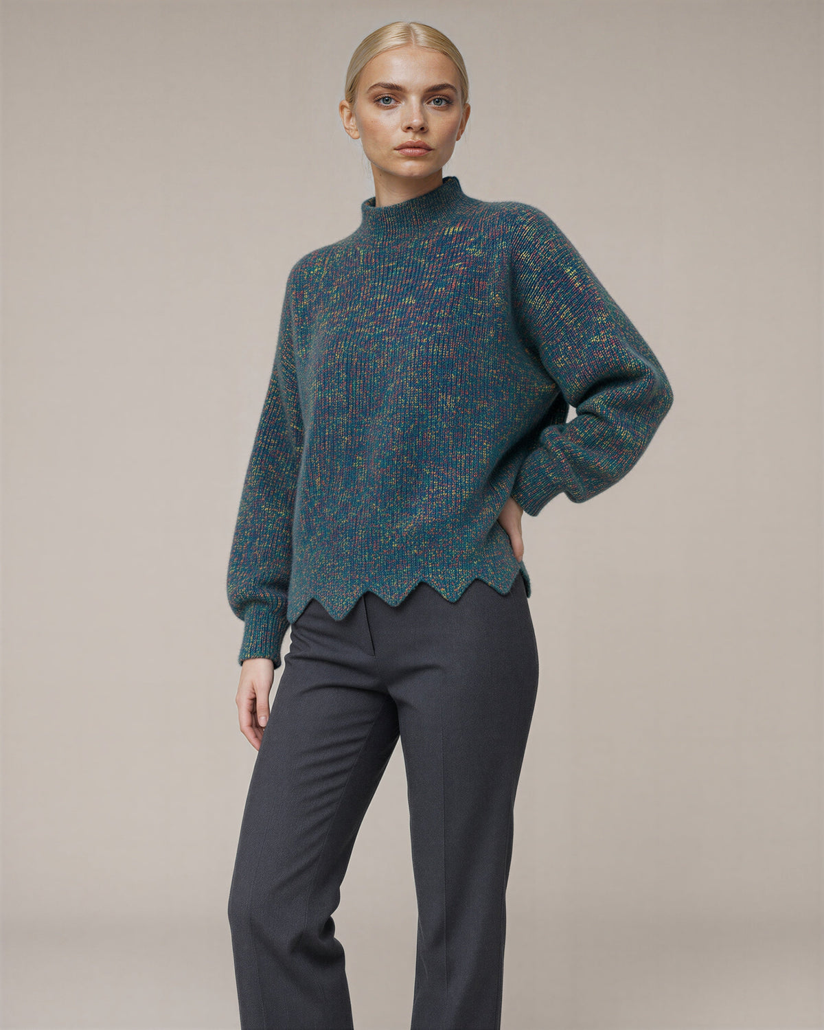 Melissa Speckled Half Turtleneck Melange Sweater, teal, front, hands on the waist