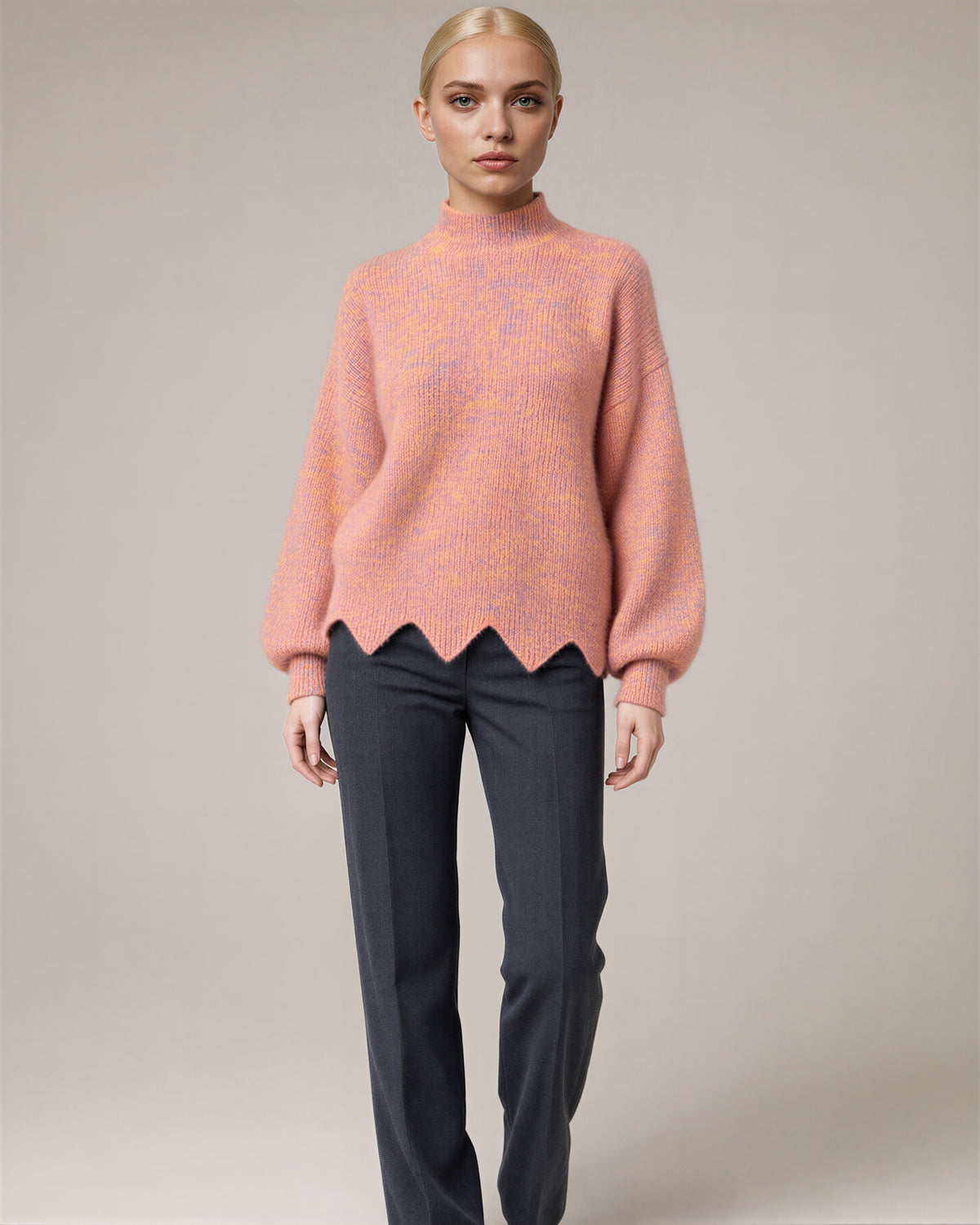 Melissa Speckled Half Turtleneck Melange Sweater, salmon orange color option