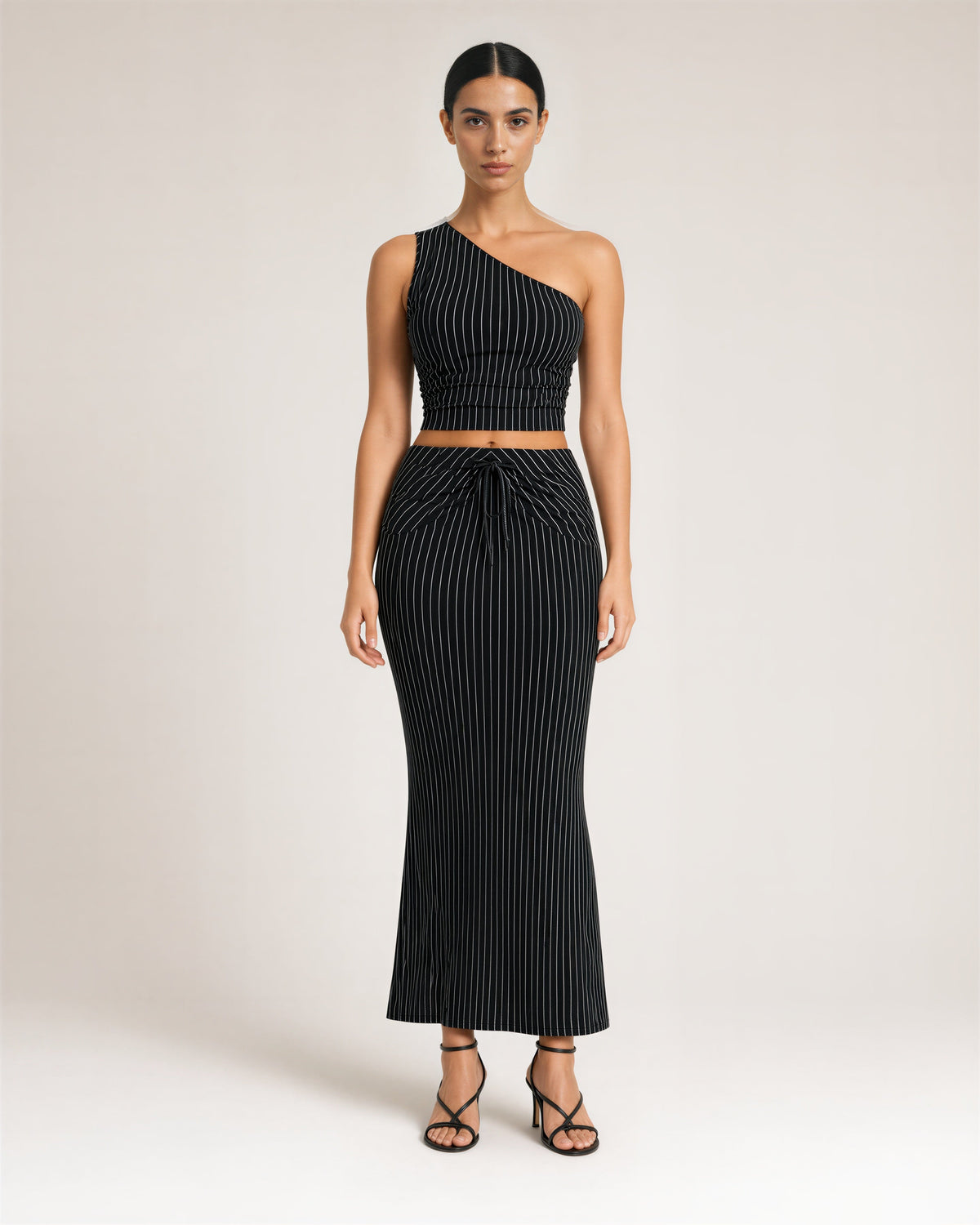 Mila Striped One Shoulder Cropped Top and Skirt Set, black, full length front view