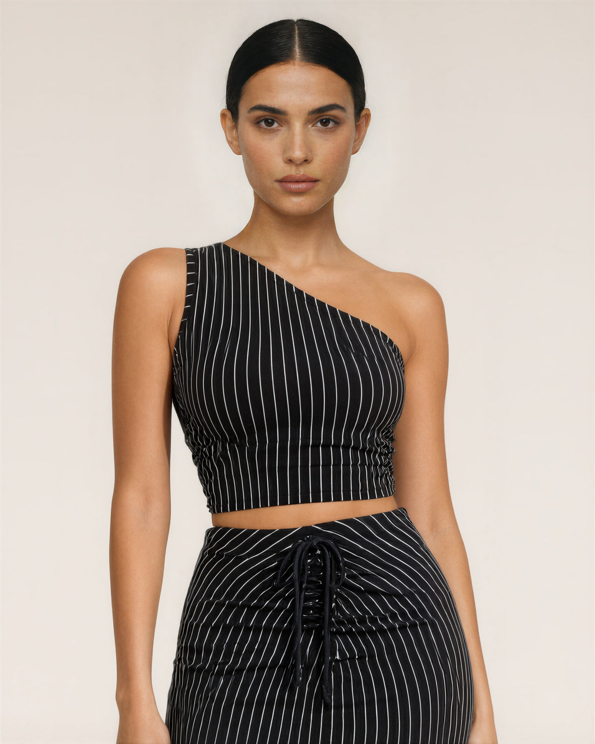 Mila Striped One Shoulder Cropped Top and Skirt Set, black, close up above the waist