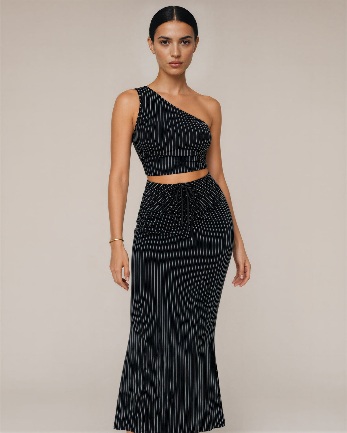 Mila Striped One Shoulder Cropped Top and Skirt Set, black, three quarter view