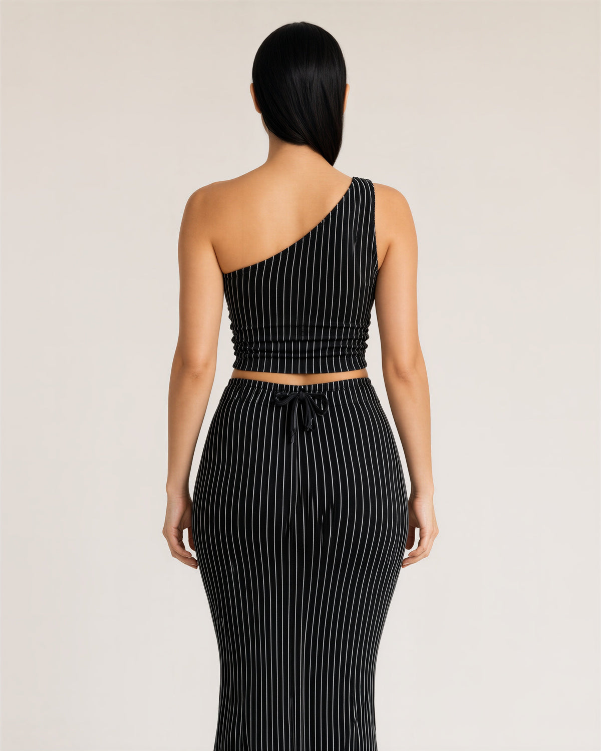 Mila Striped One Shoulder Cropped Top and Skirt Set, black, back view