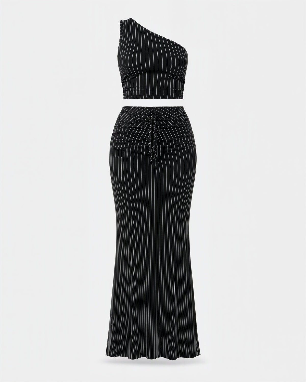 Mila Striped One Shoulder Cropped Top and Skirt Set, black, product view without a model