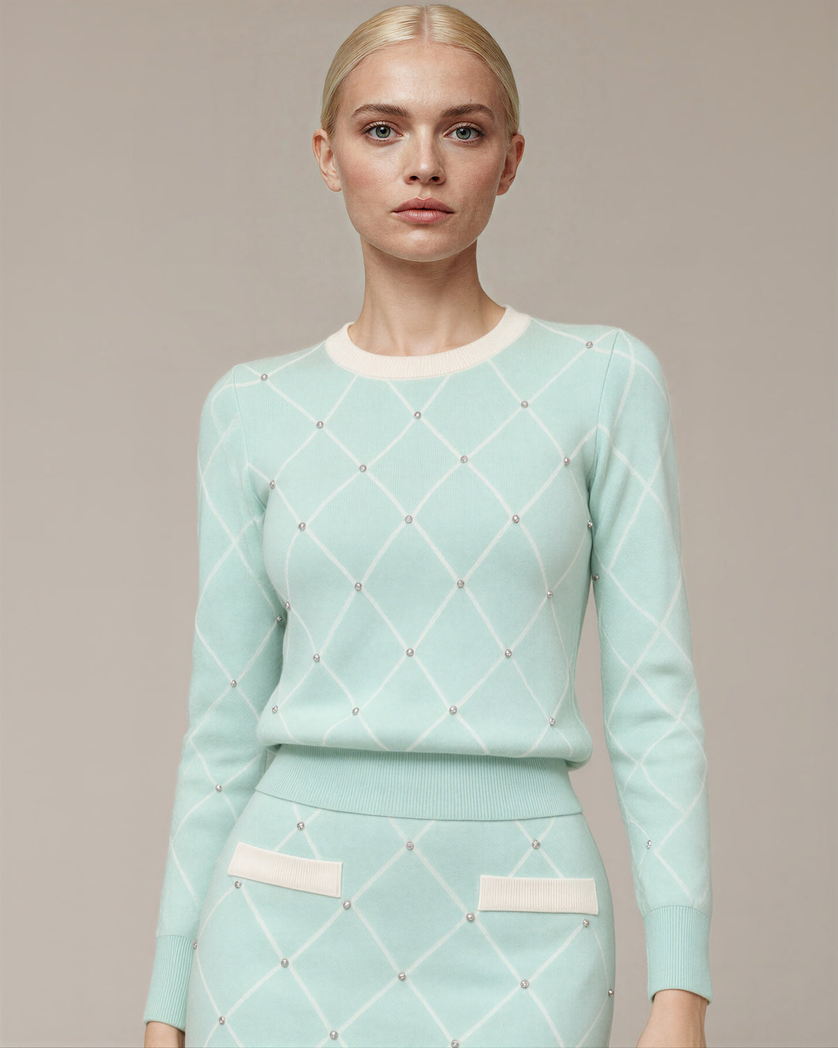 Milena Diamond Motif Knit Sweater and Skirt Set, mint green, close up above the waist