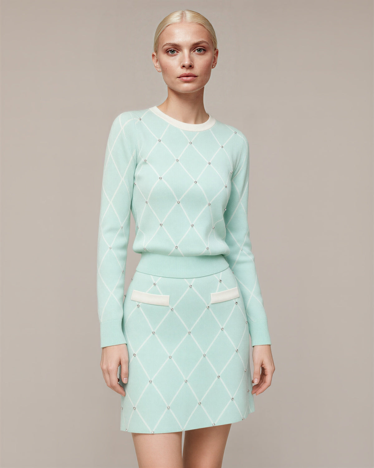 Milena Diamond Motif Knit Sweater and Skirt Set, mint green, three quarter view