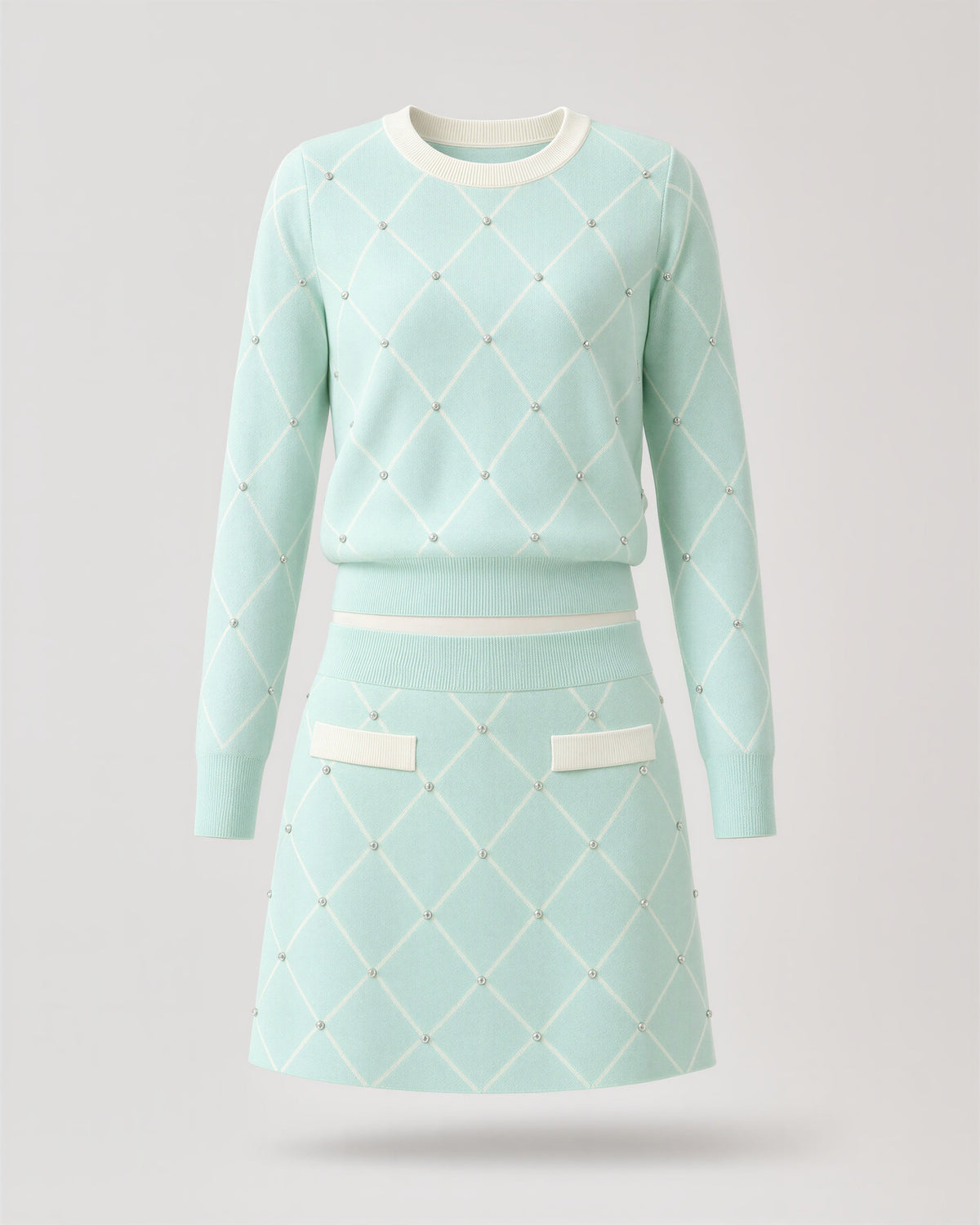 Milena Diamond Motif Knit Sweater and Skirt Set, mint green, product view without a model