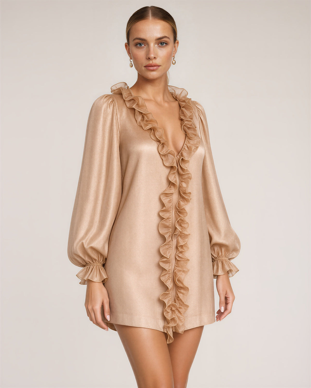 Mira Ruffled V Neck Balloon Sleeve Mini Dress, champagne, three quarter view
