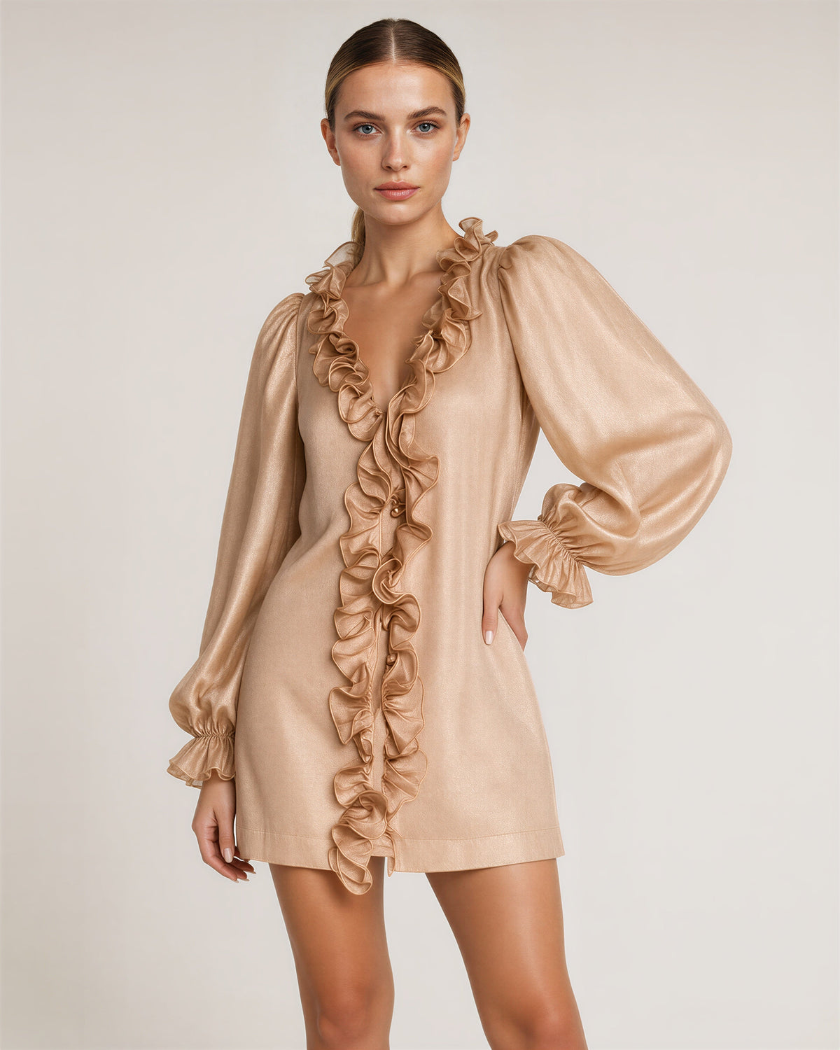 Mira Ruffled V Neck Balloon Sleeve Mini Dress, champagne, front, hands on the waist