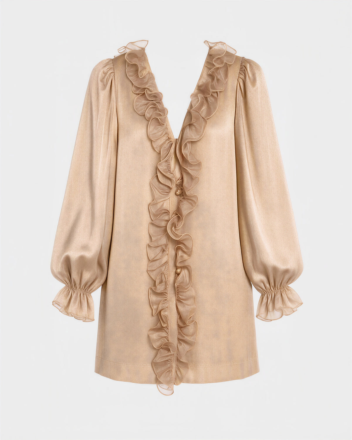 Mira Ruffled V Neck Balloon Sleeve Mini Dress, champagne, product view without a model