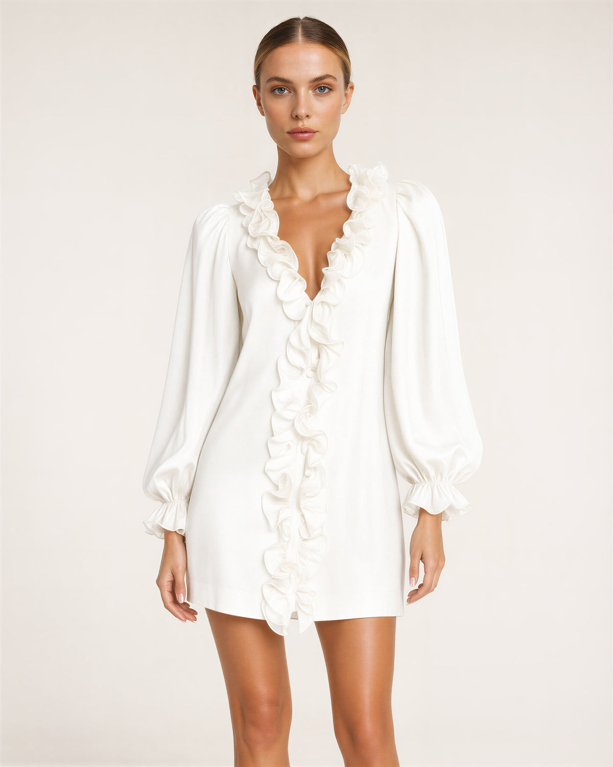Mira Ruffled V Neck Balloon Sleeve Mini Dress, white color option