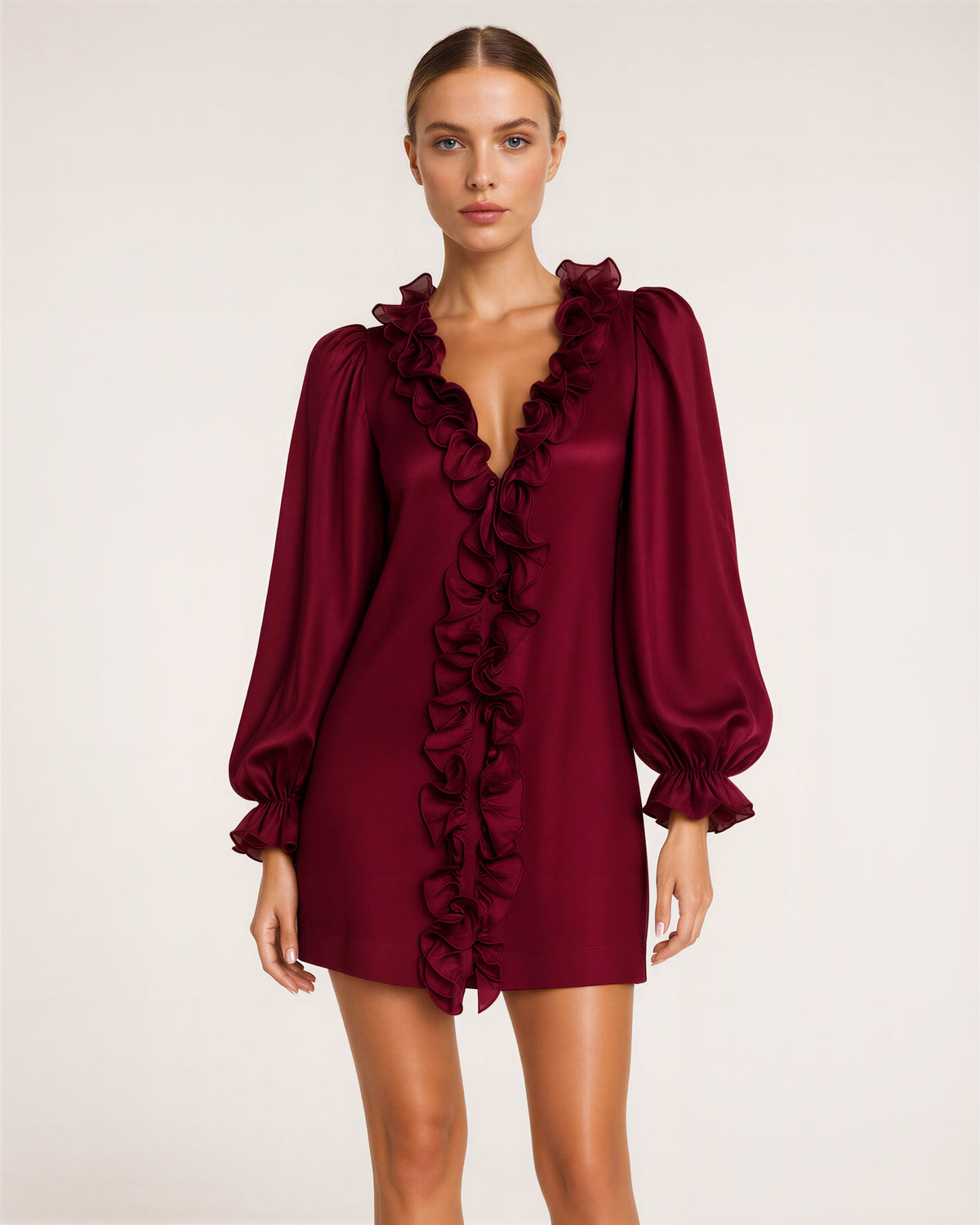 Mira Ruffled V Neck Balloon Sleeve Mini Dress, burgundy color option