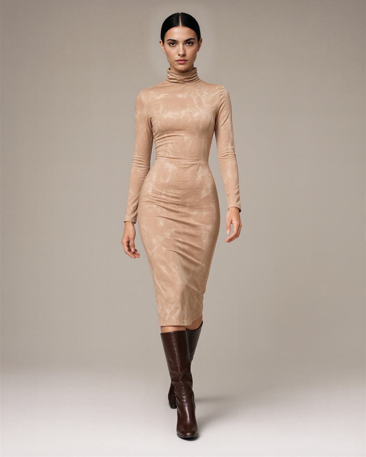 Mirta Ruched Turtleneck Pencil Midi Dress, sand beige, full length walking view