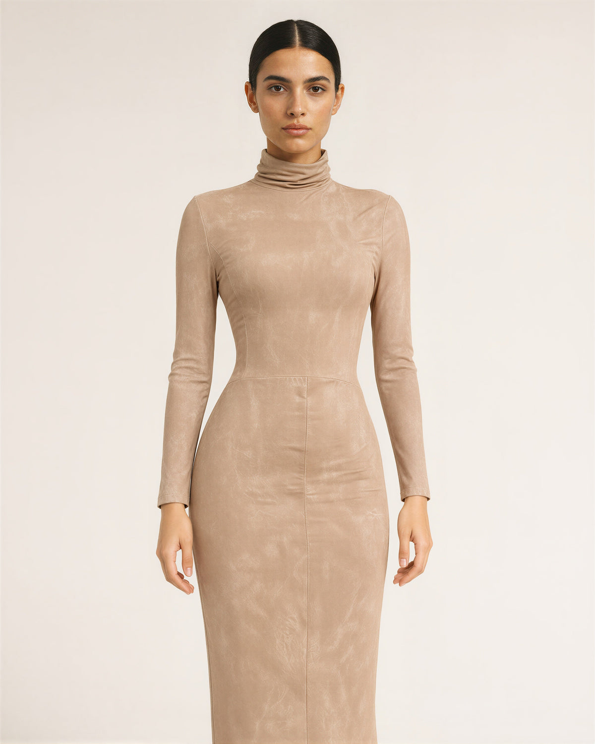 Mirta Ruched Turtleneck Pencil Midi Dress, sand beige, front view