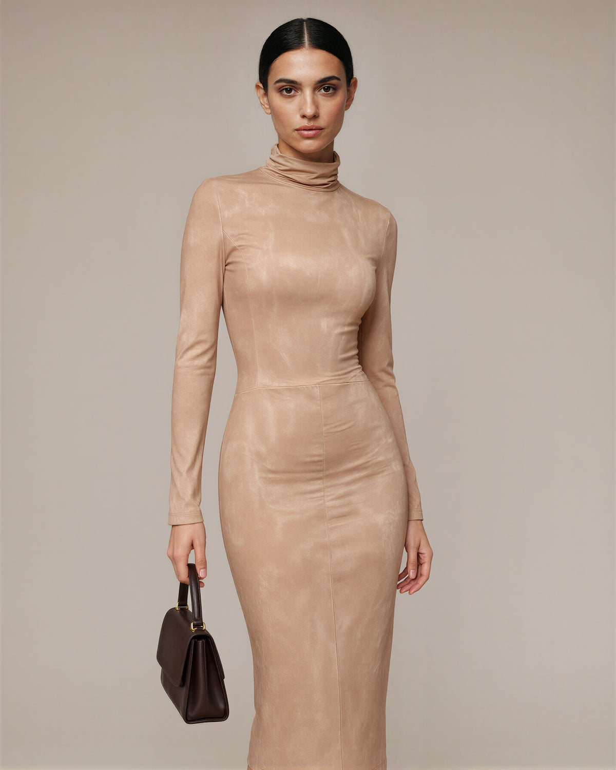 Mirta Ruched Turtleneck Pencil Midi Dress, sand beige, three quarter view