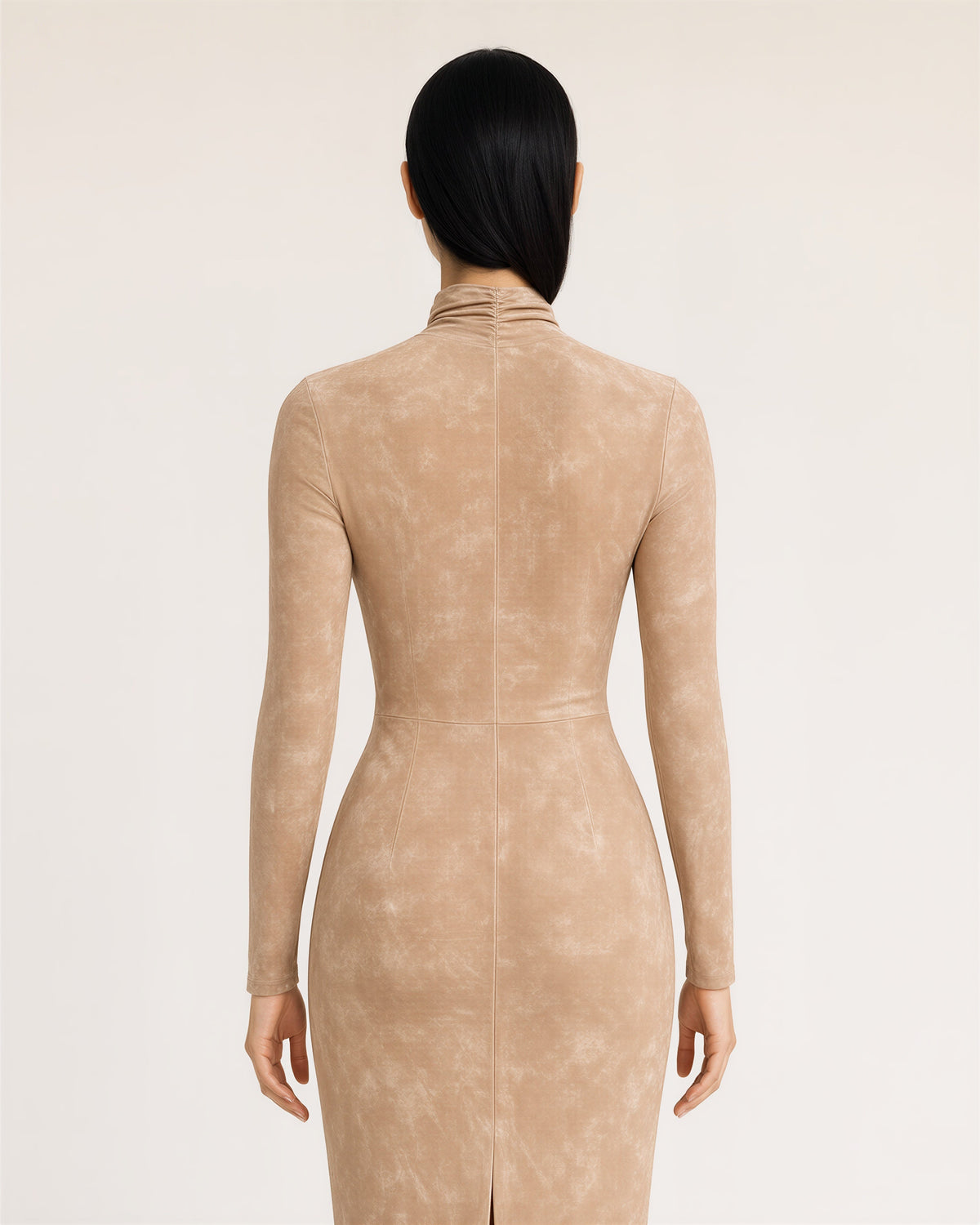 Mirta Ruched Turtleneck Pencil Midi Dress, sand beige, back view