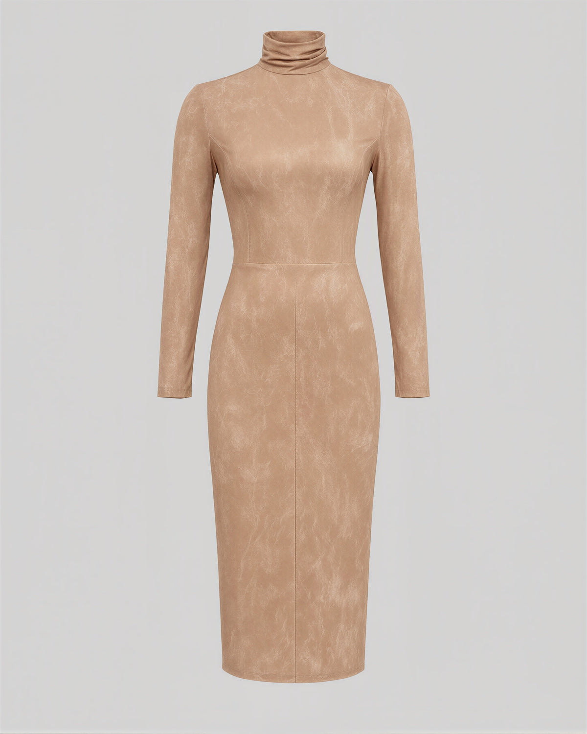 Mirta Ruched Turtleneck Pencil Midi Dress, sand beige, product view without a model
