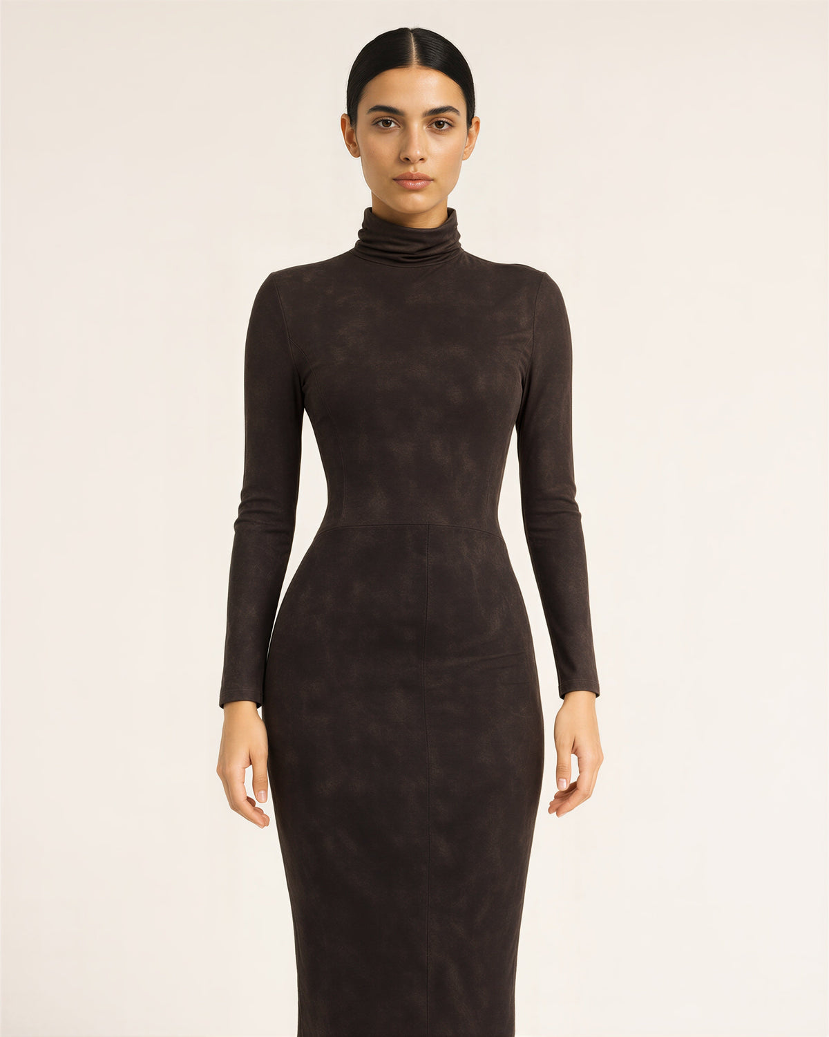 Mirta Ruched Turtleneck Pencil Midi Dress, brown color option
