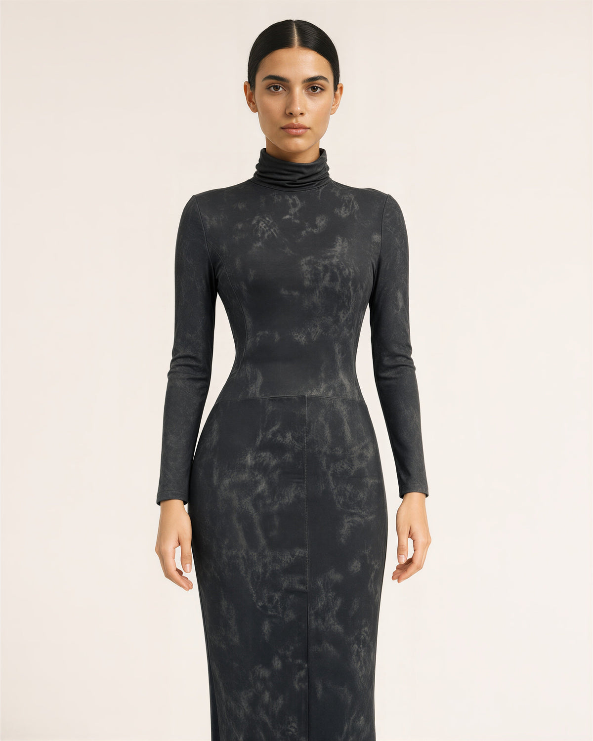 Mirta Ruched Turtleneck Pencil Midi Dress, dark grey color option