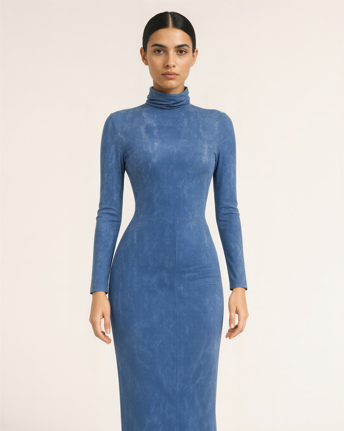 Mirta Ruched Turtleneck Pencil Midi Dress, blue color option