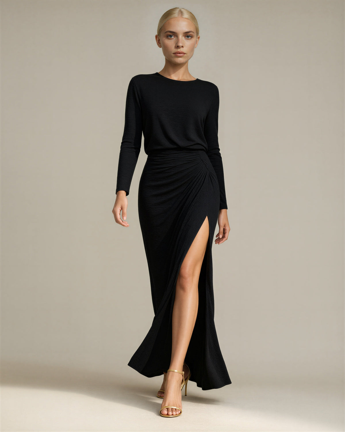 Morena Draped Slit Long Sleeve Maxi Dress, black, full length walking view