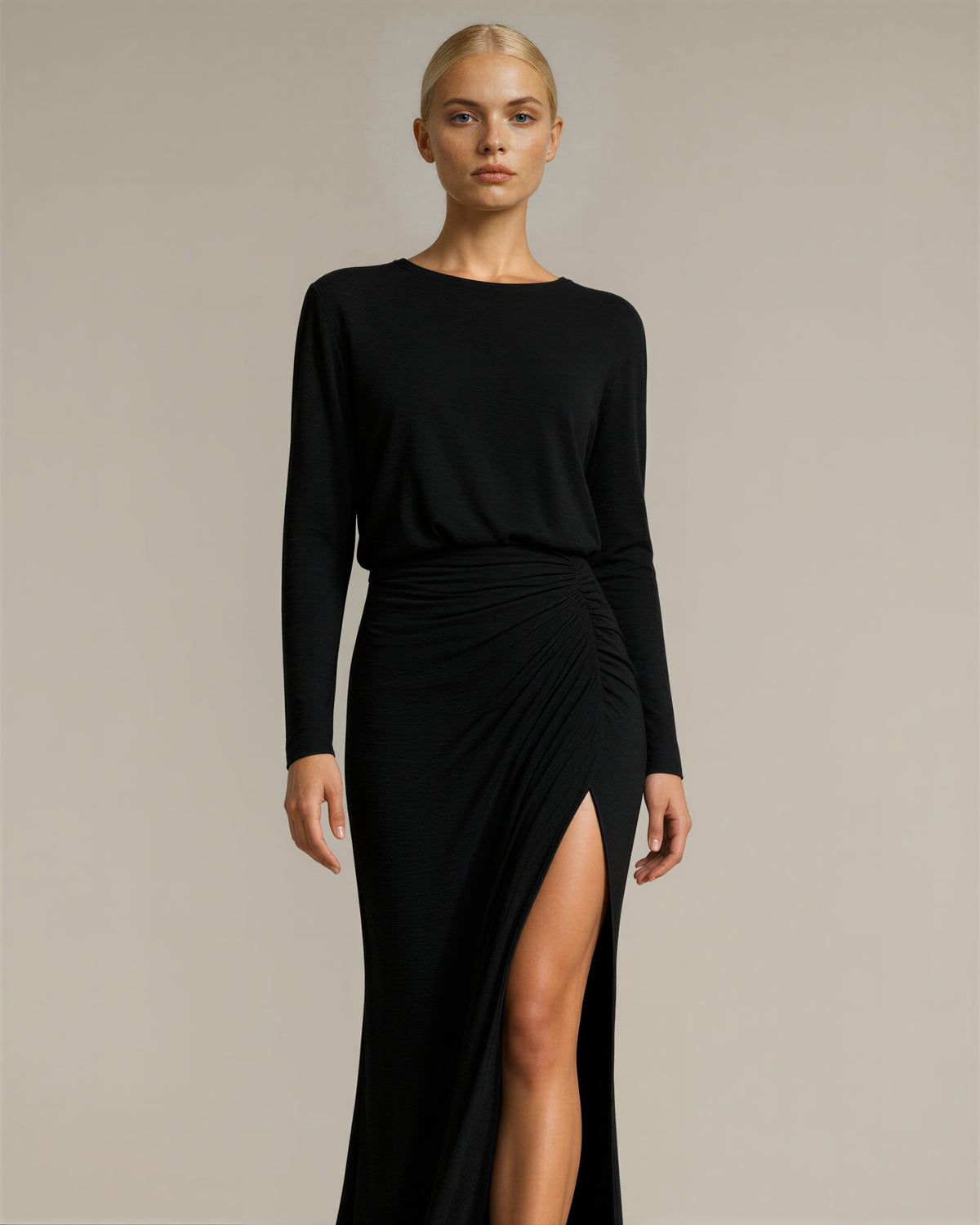 Morena Draped Slit Long Sleeve Maxi Dress, black, front view