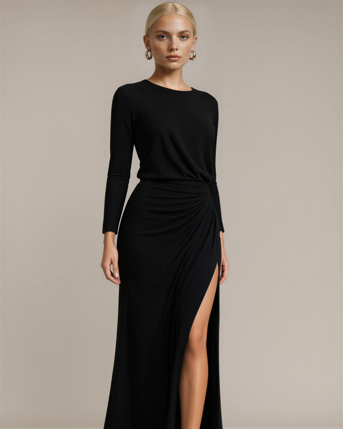 Morena Draped Slit Long Sleeve Maxi Dress, black, three quarter view
